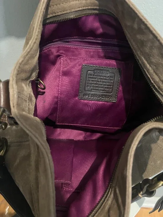 Coach Zoe Large Hobo Taupe Suede Brown Leather Trim Shoulder Bag Slouchy - Picture 9 of 9